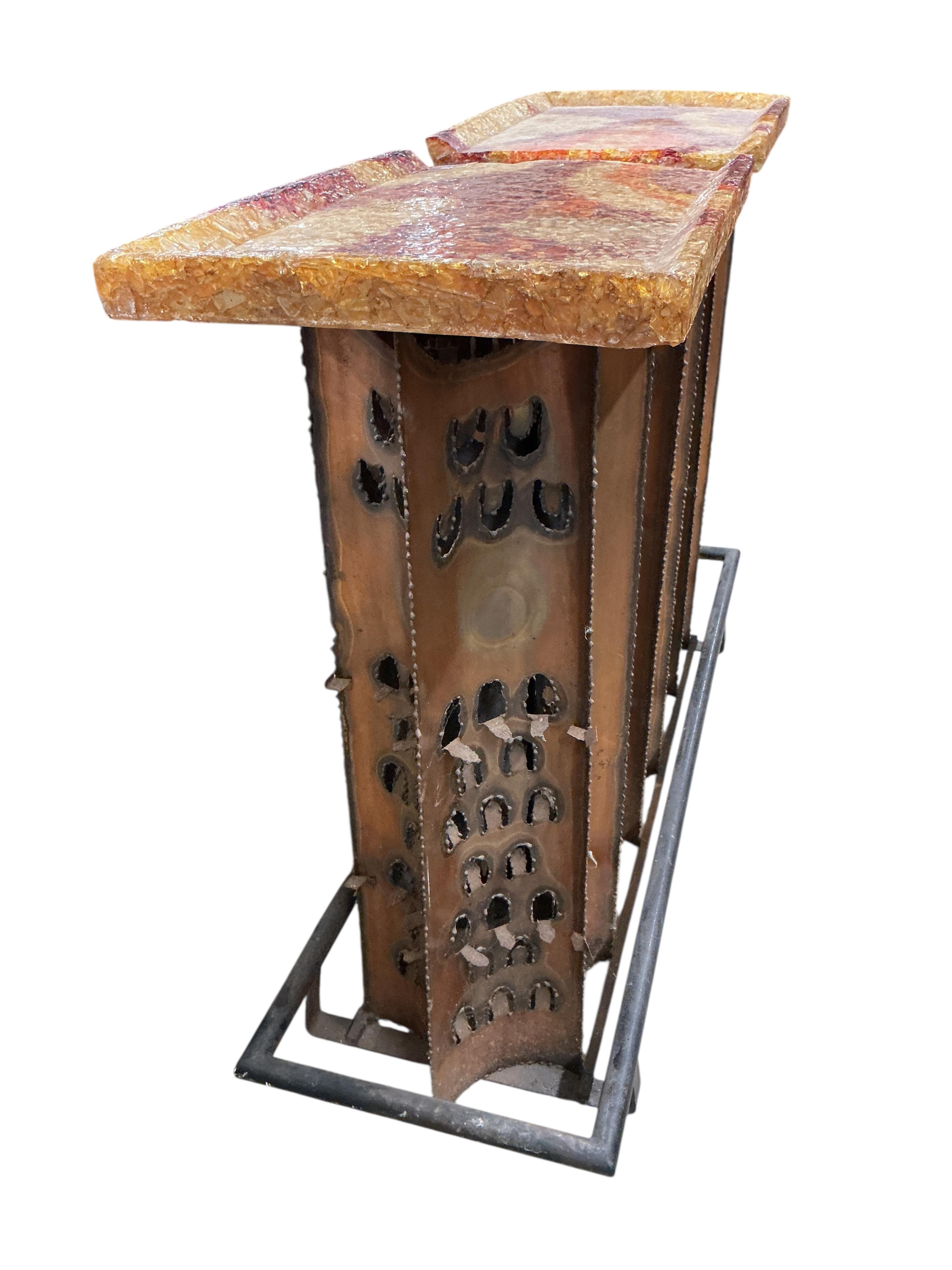 A Contemporary metal and bonded glass illuminating bar with under shelves, width 138cm, depth 45cm, height 108cm